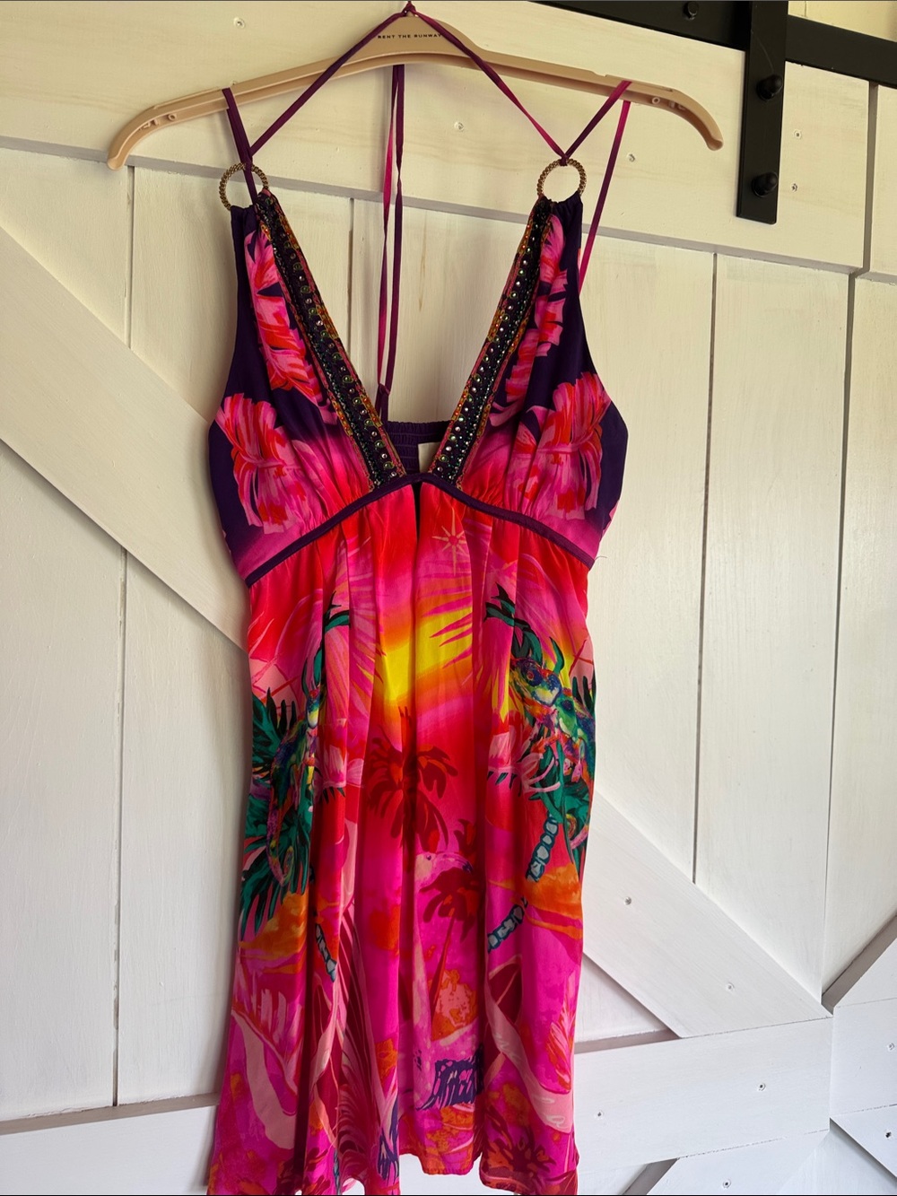 Camilla Pink Purple Tropical Beaded V‑Neck Mini Dress